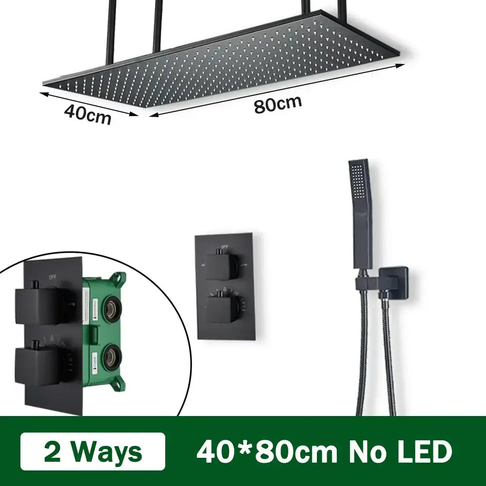 Matte black thermostatic shower faucet with 80cm x 40cm rectangular rain shower head and integrated handheld shower attachment