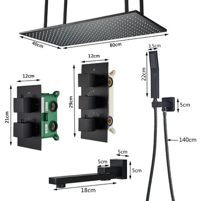 Matte black thermostatic shower faucet with a black matte-finish rectangular shower head featuring a grid of nozzles