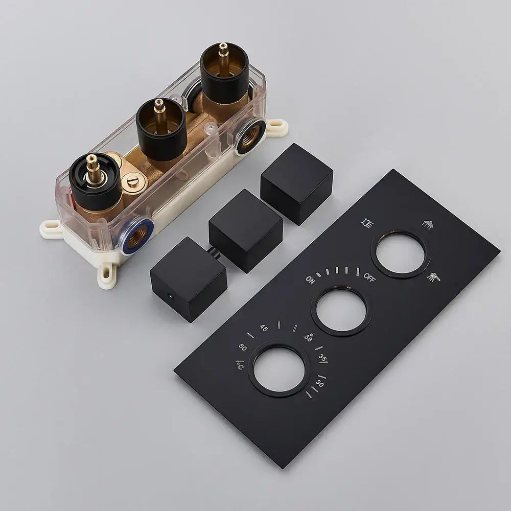 Matte black thermostatic shower faucet trim kit with clear plastic housing and brass components for ceiling shower head