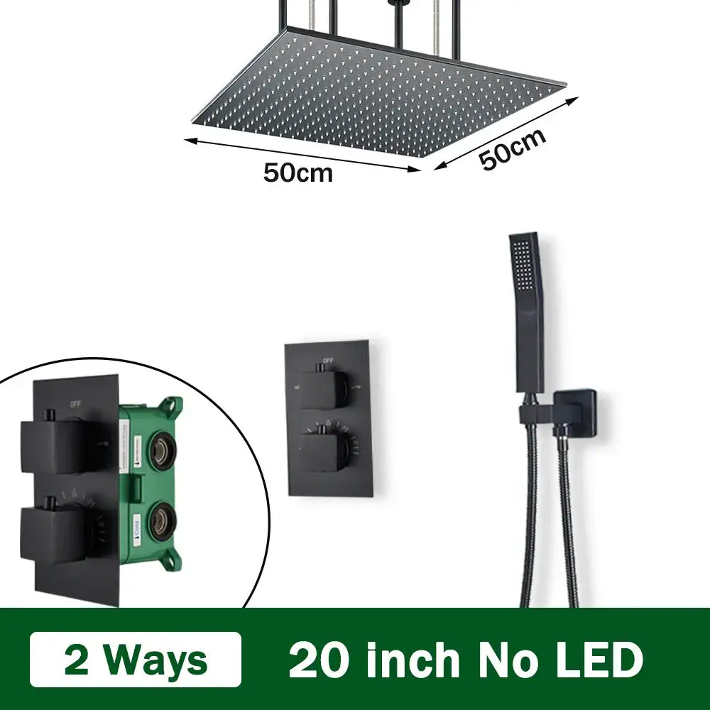 Matte black thermostatic shower faucet with 50cm square rainfall shower head and matching handheld shower set