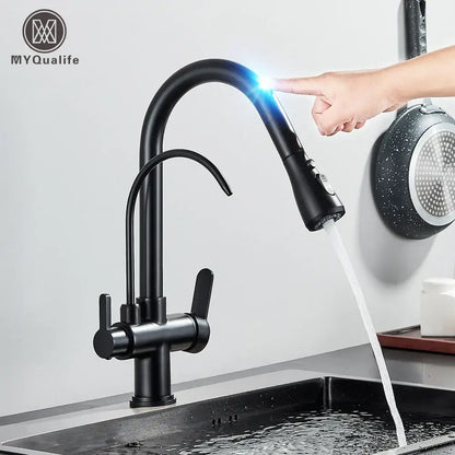 Matte black myqualife kitchen faucet with black touch sensor and pull down sprayer featuring a sleek curved spout