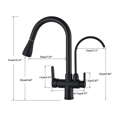 Black matte touch sensor kitchen faucet with curved spout, two handles, and pull down sprayer for modern kitchens