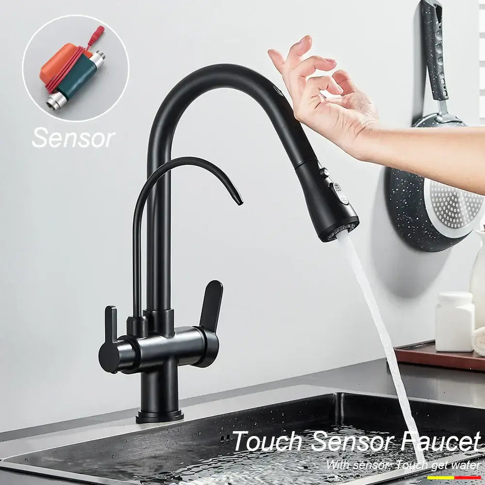 Matte black touch sensor kitchen faucet with sleek curved spout and dual handles for hot and cold water control
