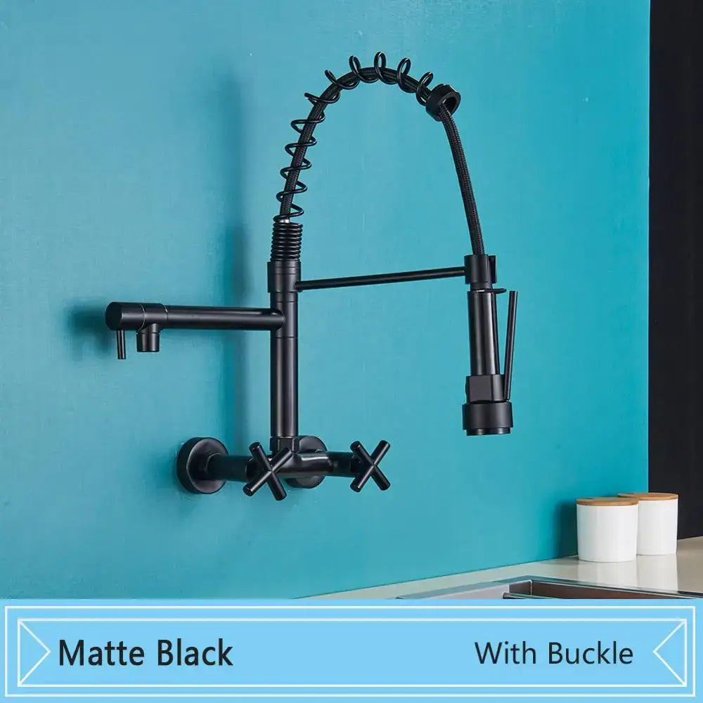 Matte black decorbites black wall-mounted kitchen faucet with flexible coiled gooseneck spout and cross-handle controls