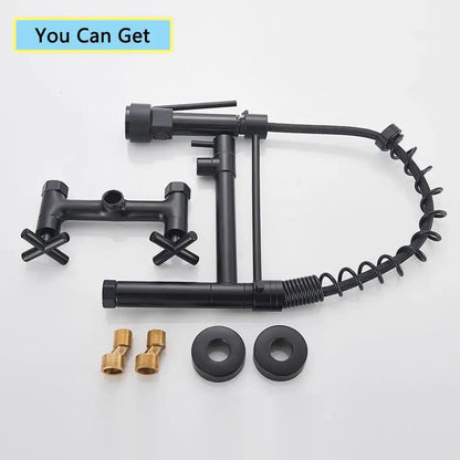 Matte black wall mounted kitchen faucet with gooseneck spout and flexible coiled hose by decorbites black wall-mounted