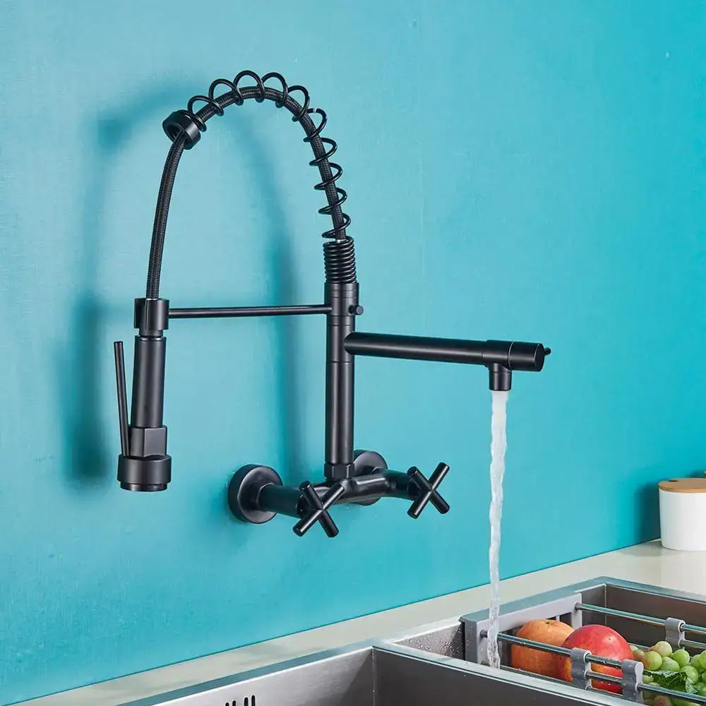 Matte black decorbites black wall-mounted kitchen faucet with flexible gooseneck spout and cross-handle controls