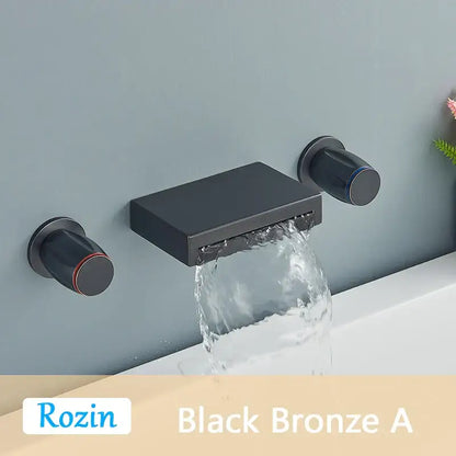 Matte black wall mounted waterfall bathroom faucet with dual handles and sleek rectangular black bronze spout