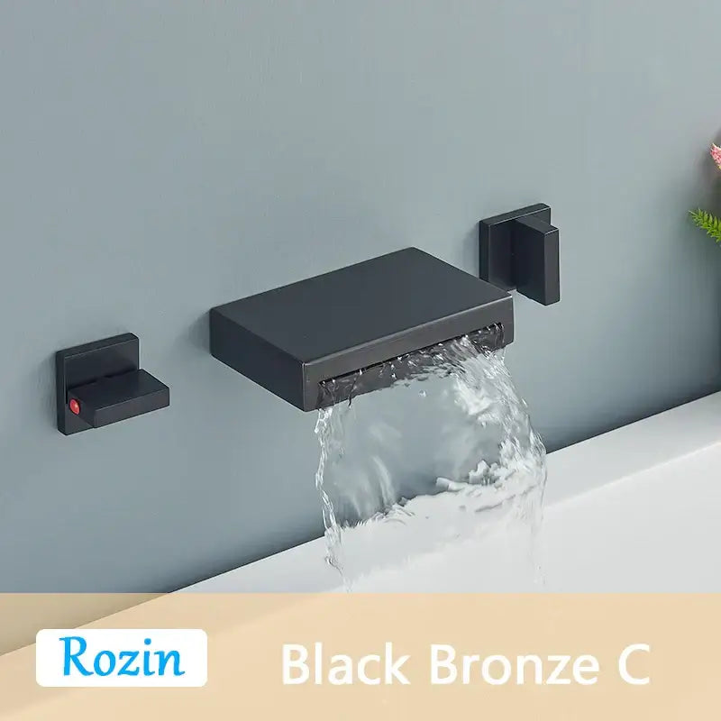 Matte black wall mounted waterfall bathroom faucet with dual handles and sleek black bronze rectangular design