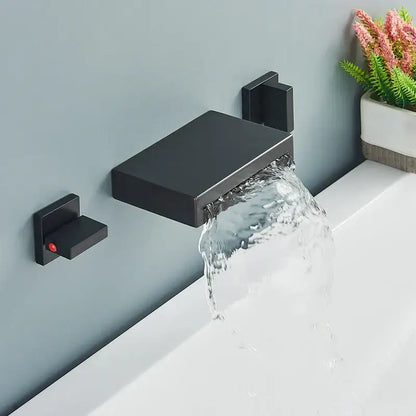 Matte black wall mounted waterfall bathroom faucet with dual handles and rectangular spout in black matte finish