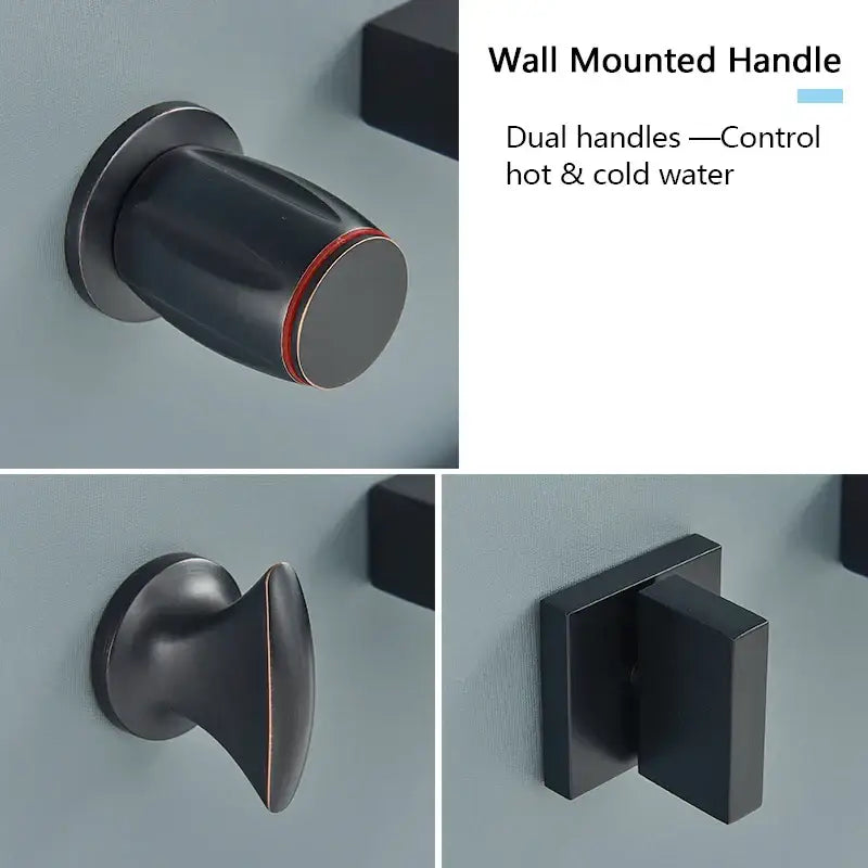 Matte black wall mounted waterfall bathroom faucet with dual handles featuring black matte finish and red accent rings