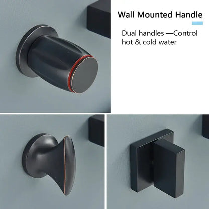 Matte black wall mounted waterfall bathroom faucet with dual handles featuring black matte finish and red accent rings