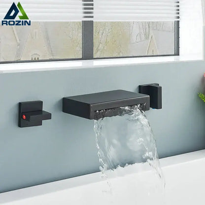 Matte black wall mounted waterfall bathroom faucet with dual handles and integrated control handle in matte finish