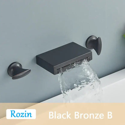 Matte black wall mounted waterfall bathroom faucet with dual handles and sleek rectangular bronze spout