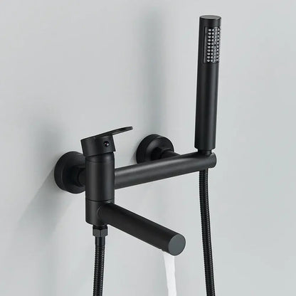 Matte black wall mounted waterfall bathtub faucet with handheld spray featuring sleek decorbites black wall design