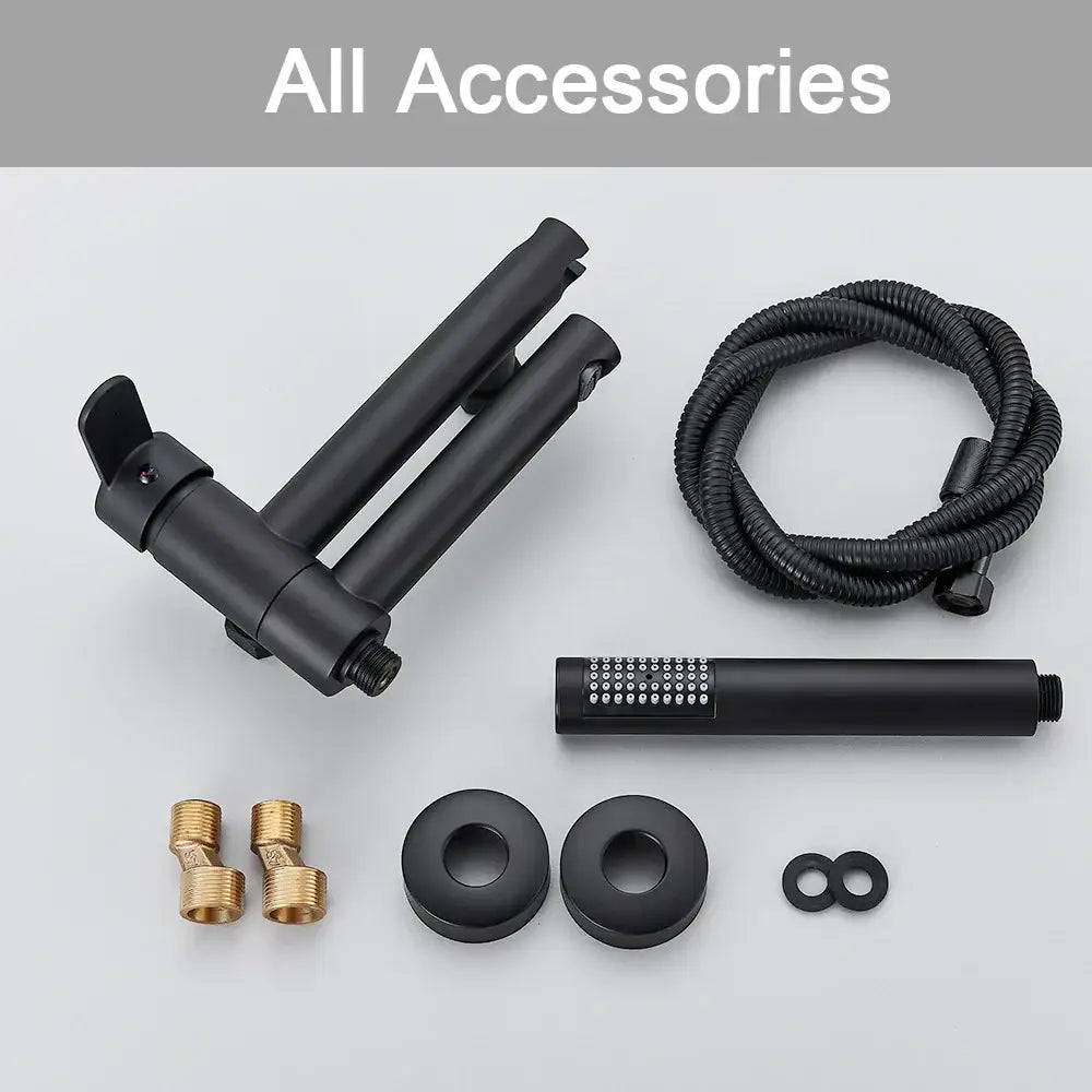 Matte black wall mounted bathtub faucet with handheld spray featuring a black matte-finish showerhead and textured nozzle