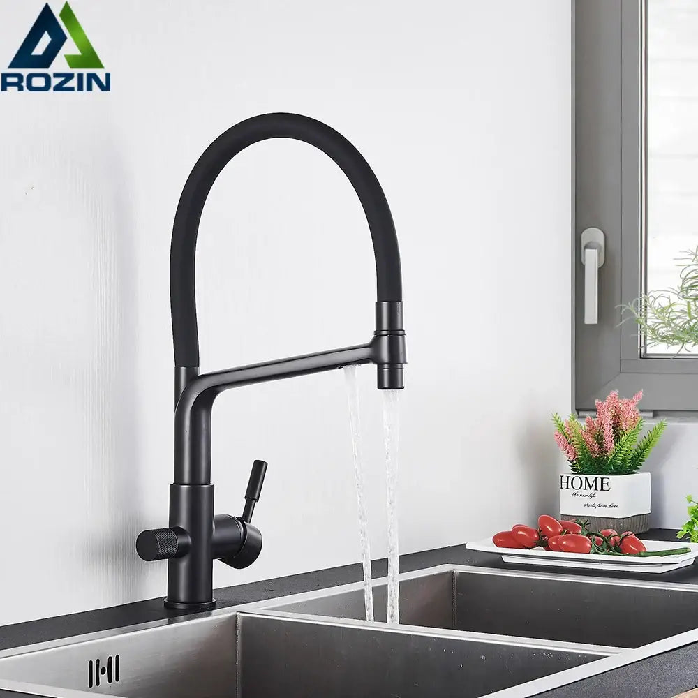 Matte black water filter kitchen faucet with pull-down gooseneck spout in matte finish for efficient filtration