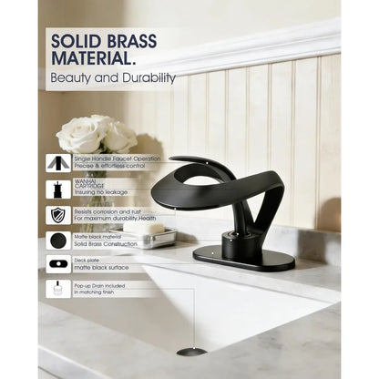 Matte black waterfall faucet with single handle, solid brass construction, curved spout, and pop-up drain for single hole installation