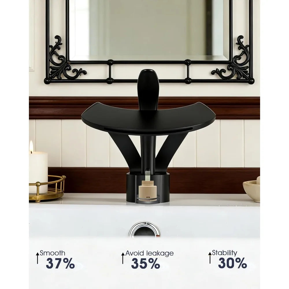 Matte black waterfall faucet single hole solid brass with sleek sculptural design and integrated bottle holder