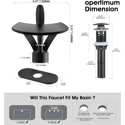 Matte black waterfall faucet with integrated pop-up drain and mounting plate made of solid brass for single hole installation