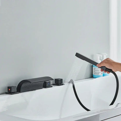 Matte black waterfall led bathtub faucet set with handheld shower wand and decorbites black waterfall finish