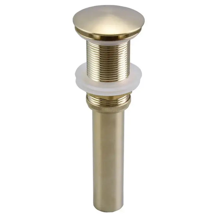 Brass-finished bathroom sink drain with rounded top and threaded body in a brushed gold drain assembly kit