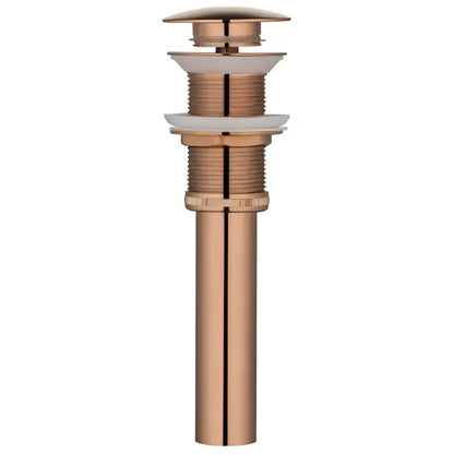 Copper-toned metal drain assembly kit with sleek cylindrical brushed gold design for bathroom sink use