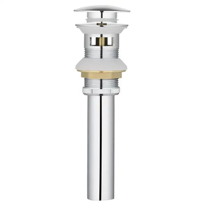 Chrome-finished bathroom sink drain with brass-colored flange and threaded metal components in brushed gold drain assembly kit