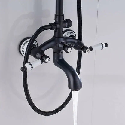Matte black and white ceramic shower faucet set with black floral handles and curved spout for bathroom rainfall use