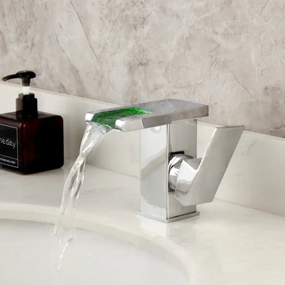 Matte black and white led waterfall basin faucet with modern chrome finish and vibrant green glass decorbites led waterfall spout