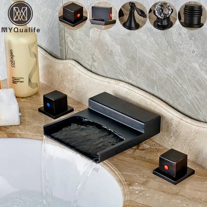 Matte black wide waterfall spout bathroom faucet with black wide waterfall finish and square handles with red accents