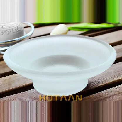 Matte clear frosted white glass soap dish with lid featuring a wide shallow bowl and raised base bathroom accessory
