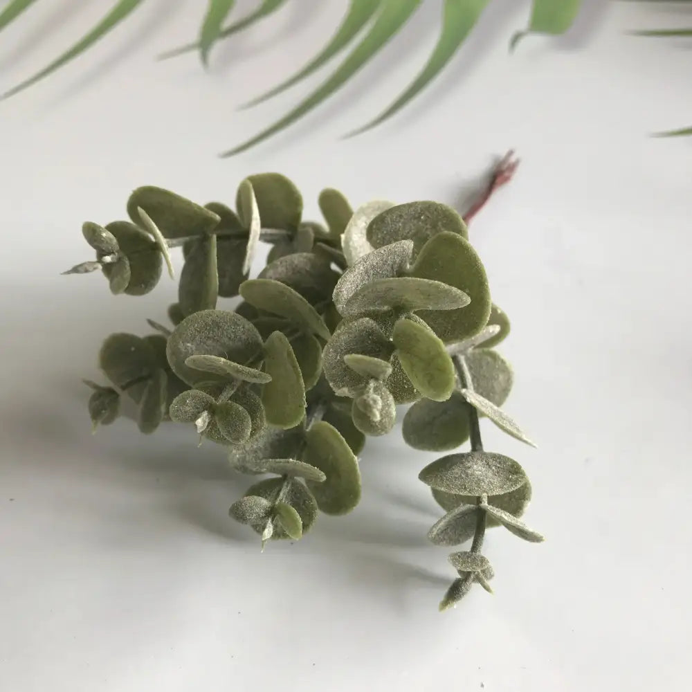 Matte gold silver and green decorbites artificial ferns shrubs featuring olive green eucalyptus leaves with silver dusting for living room decor