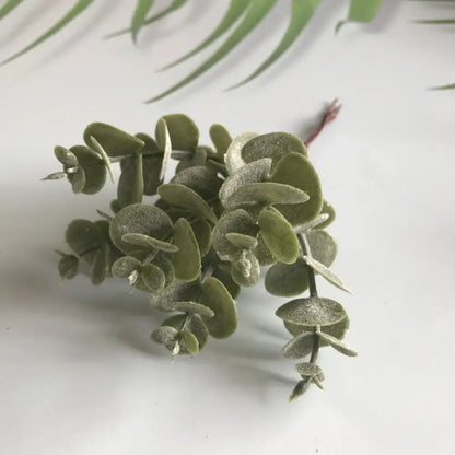Matte gold silver and green decorbites artificial ferns shrubs featuring olive green eucalyptus leaves with silver dusting for living room decor