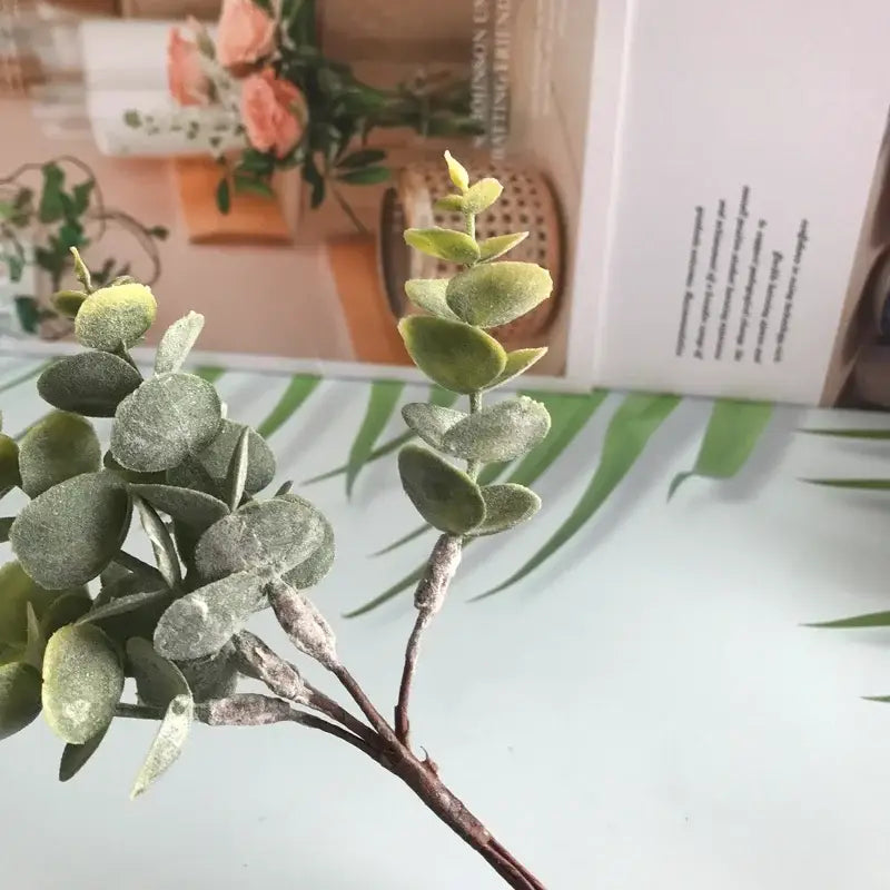 Matte gold silver and green artificial ferns shrubs featuring a faux eucalyptus branch with frosted leaves for decorbites artificial use