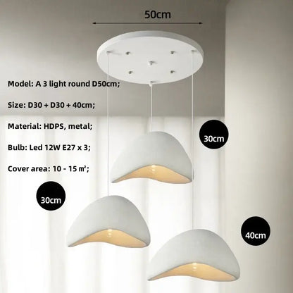 Matte gray led wabi sabi chandelier with modern white hdps and metal pendant light featuring three curved glowing shades