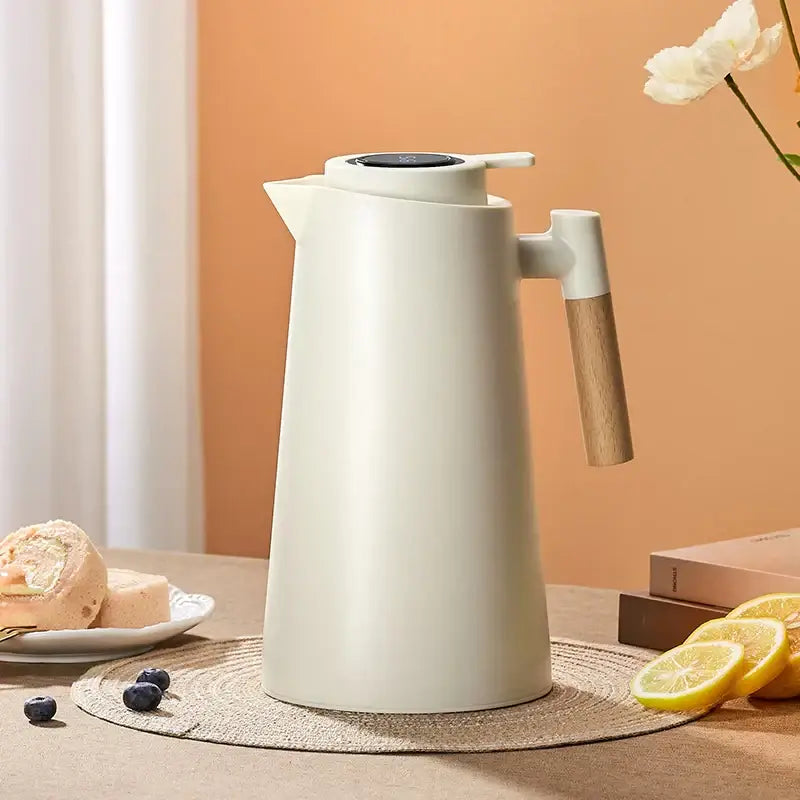 Cream-colored decorbites insulation kettle thermos bottle with wooden handle and black lid for kitchen use