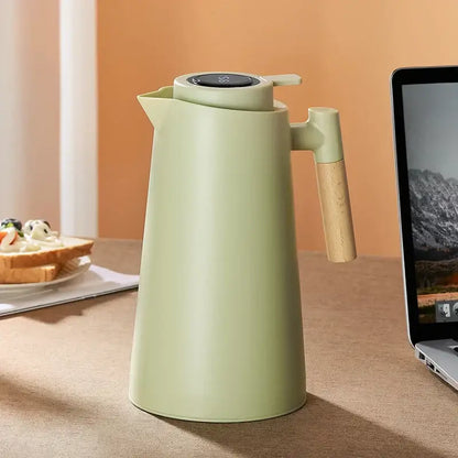 Matte sage green decorbites insulation kettle thermos bottle with mint green insulated body wooden handle and black digital lid
