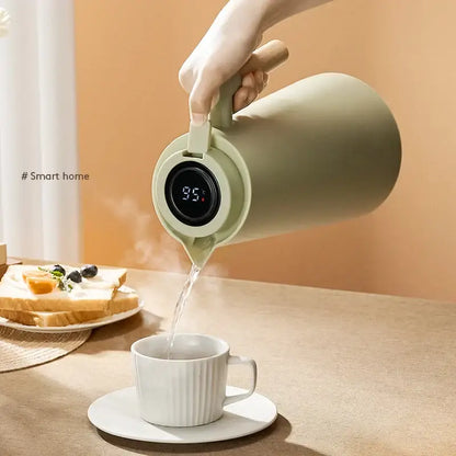 Matte sage green decorbites insulation kettle thermos bottle with mint green digital thermostat and wooden handle display