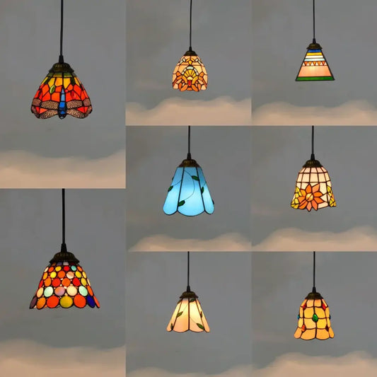 Mediterranean floral stained glass pendant light with vibrant colorful leaded glass in classic tiffany-style design