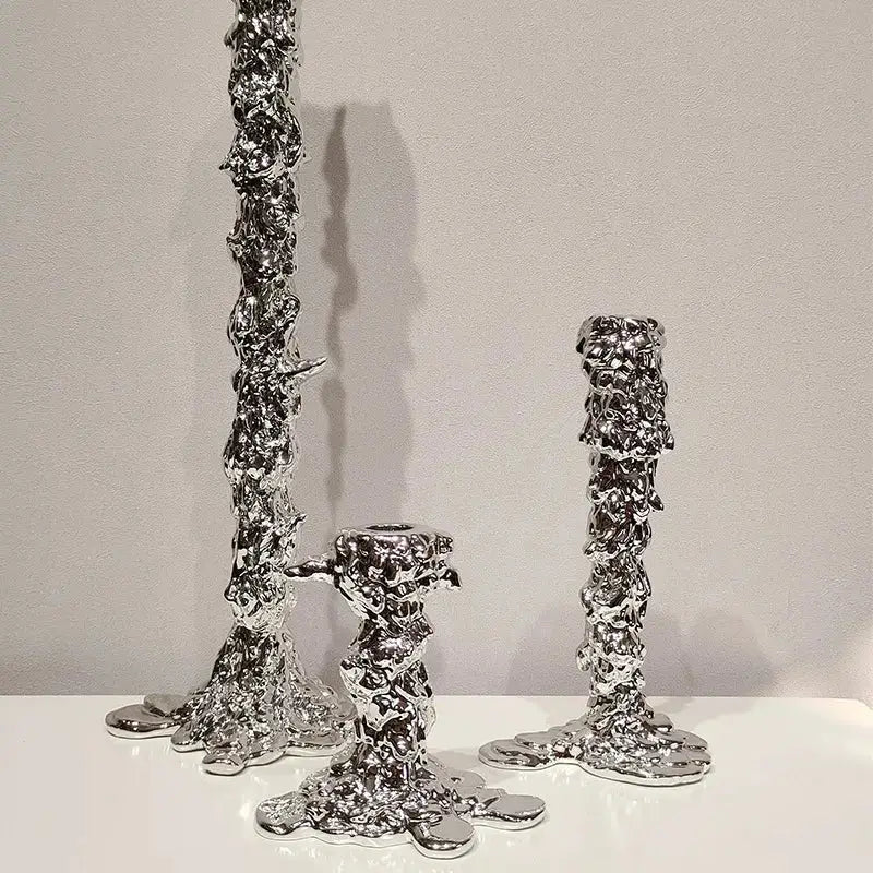 Silver textured candlestick holder with molten metal appearance for dining room decorbites golden candlestick decor