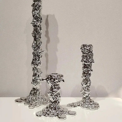 Silver textured candlestick holder with molten metal appearance for dining room decorbites golden candlestick decor
