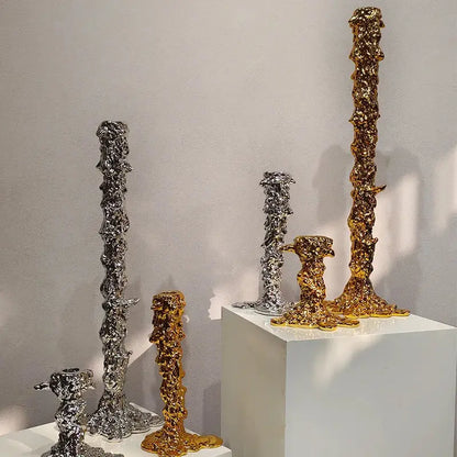 Golden and silver textured candlestick holder with molten metal sculptural design for dining room decorbites decor