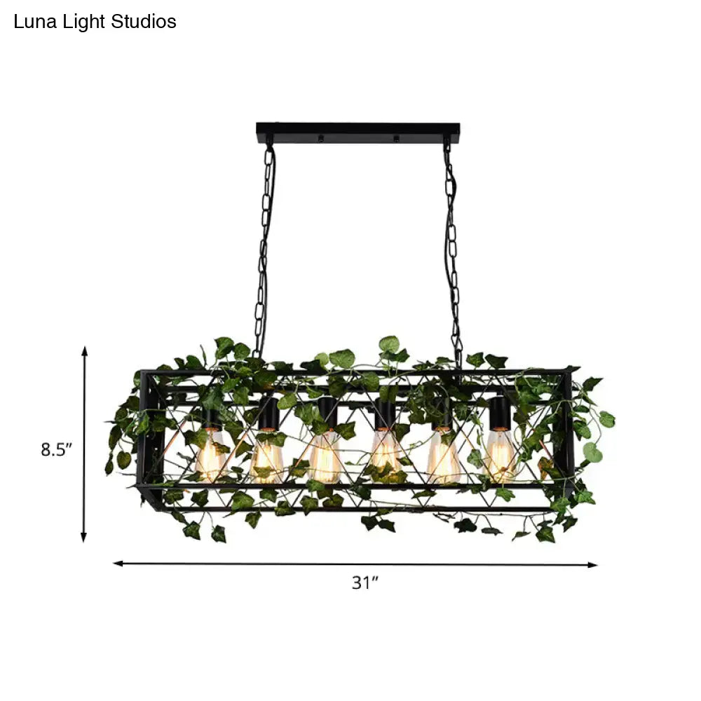 Decorbites™ antique black rectangular metal island pendant with five filament bulbs and green ivy plant decor