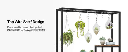 Black metal wire 5-tier tall plant stand with hanging hooks displaying glass terrariums and potted succulents