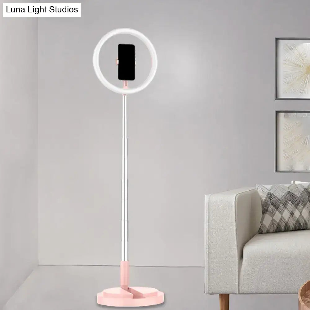 Metallic black led makeup lamp with pink and silver ring light stand and phone holder for bedroom use