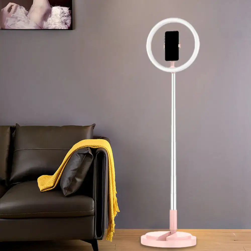 Metallic black led makeup lamp with pink and white ring light and smartphone holder for bedroom use