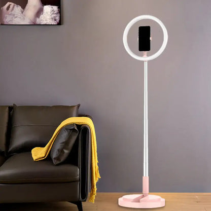 Metallic black led makeup lamp with pink and white ring light and smartphone holder for bedroom use