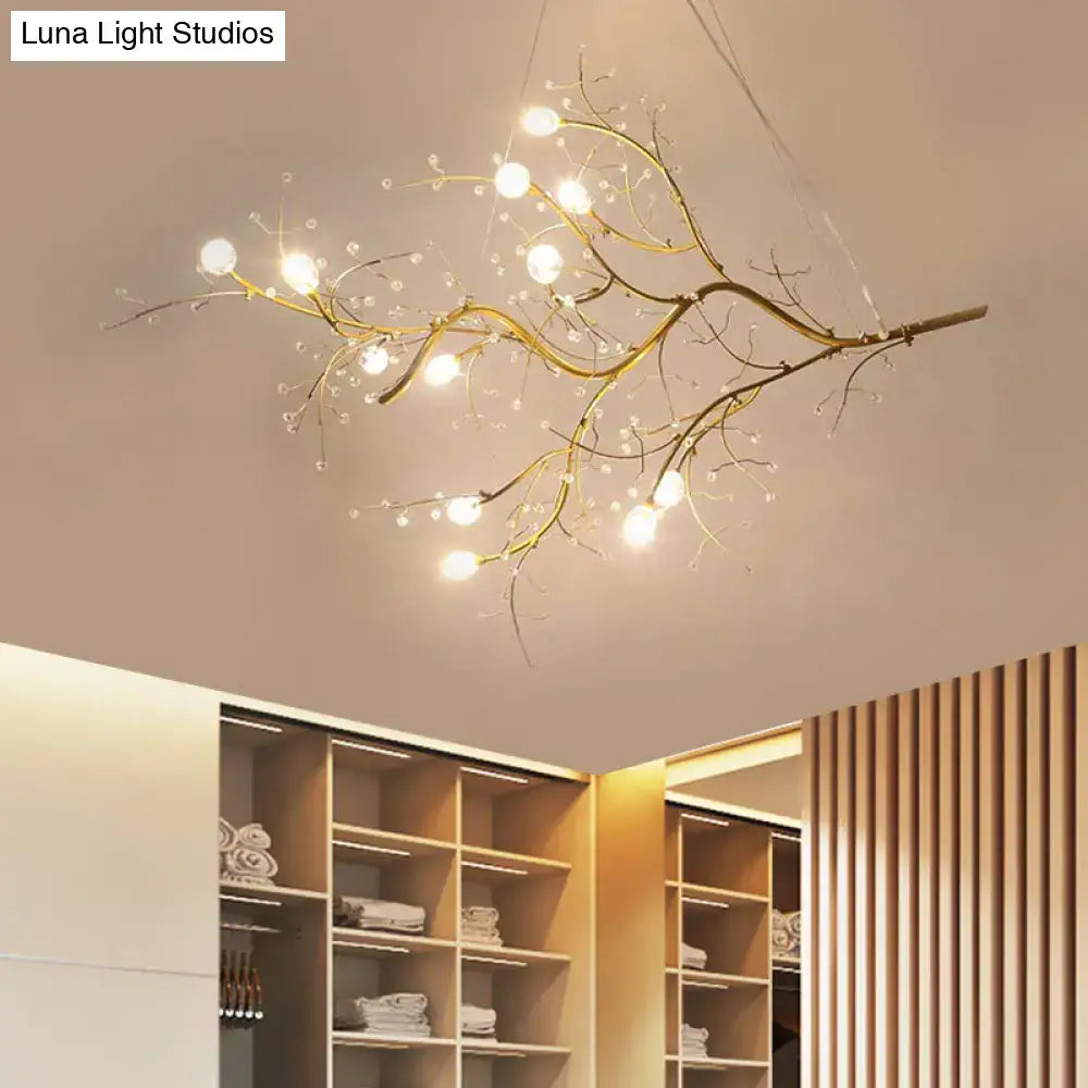 Decorbites™ situla metallic branch chandelier with golden thin branches clear crystal beads and warm suspension light bulbs