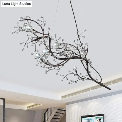 Black wrought iron situla metallic branch chandelier with clear crystal beads 10 light romantic suspension light