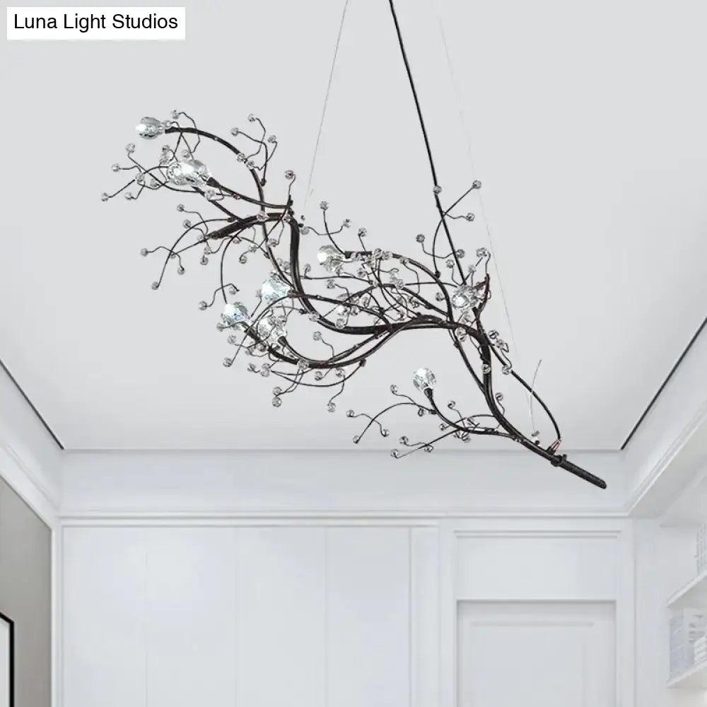 Black wrought iron situla metallic branch chandelier with crystal bead accents and 10 lights for boutique lighting